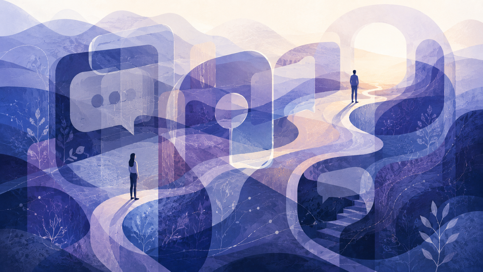 Abstrakte Illustration mit transparenten Gesprächsformen, unterschiedlichen Wegen und zwei Personen, die Verständigung und verschiedene Perspektiven andeutet.