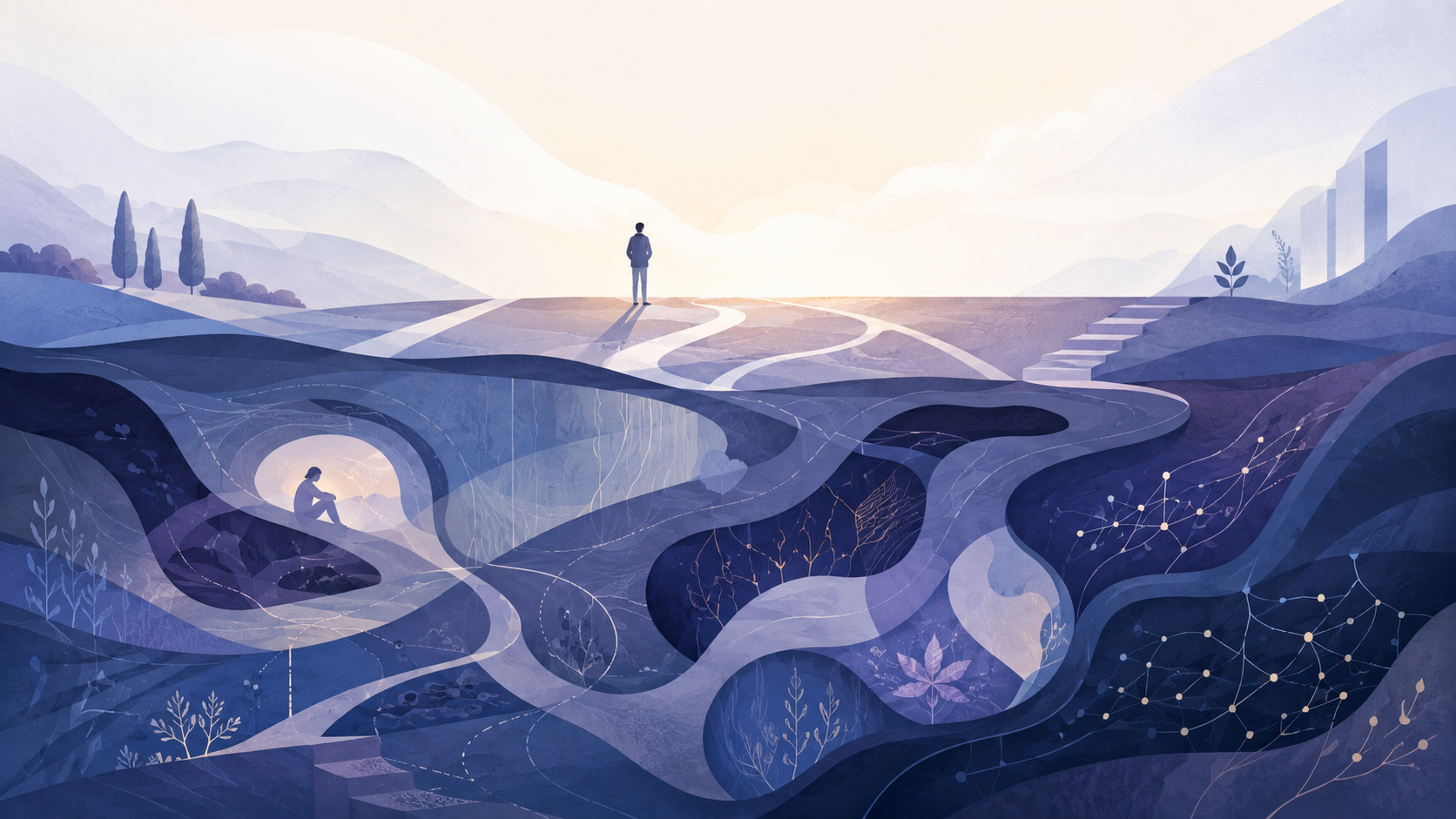 Abstrakte Illustration einer Person an einem hellen Horizont über vielschichtigen verborgenen Ebenen, Wegen und Netzwerken.